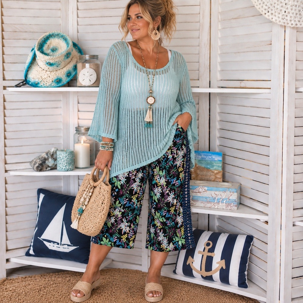 42. XL SET Open Knit Aqua Tunic and Anthropologie Floral Pants Pockets Coastal